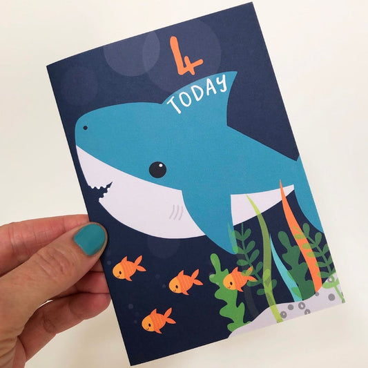 4 Today! Kids Shark Happy Birthday Card image 0