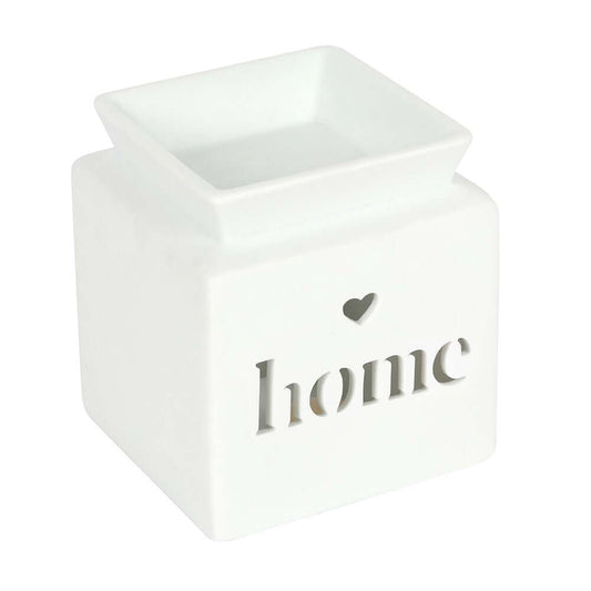 White ceramic wax melter with cut-out and the word 'home' in a modern, minimalist design.