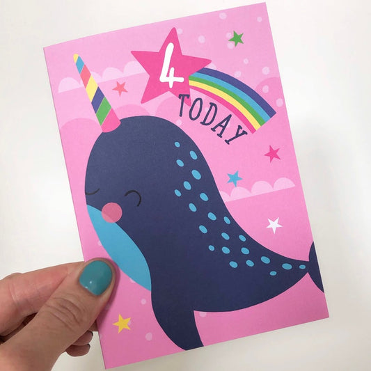 4 Today! Kids Narwhal Happy Birthday Card image 0